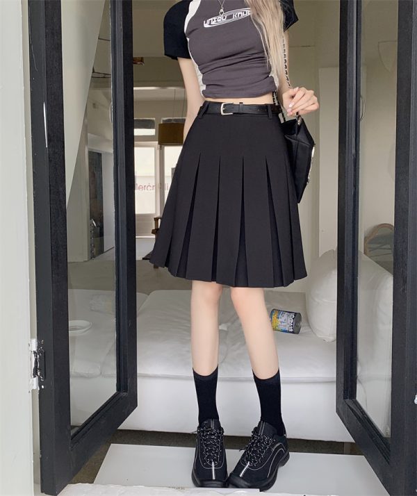 Gray High-Waisted Pleated A-Line Skirt for Women - Summer College Style Mid-Length Tummy-Covering JK Skirt