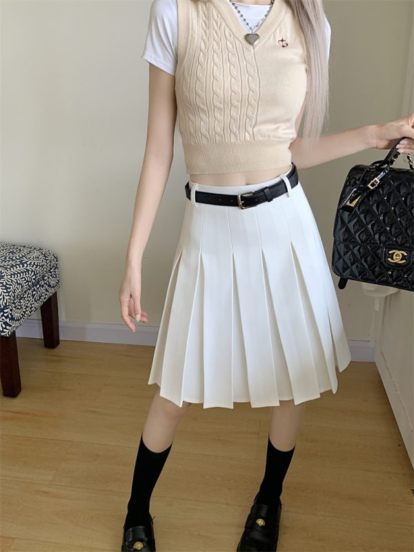 Gray High-Waisted Pleated A-Line Skirt for Women - Summer College Style Mid-Length Tummy-Covering JK Skirt