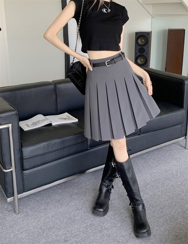 Gray High-Waisted Pleated A-Line Skirt for Women - Summer College Style Mid-Length Tummy-Covering JK Skirt