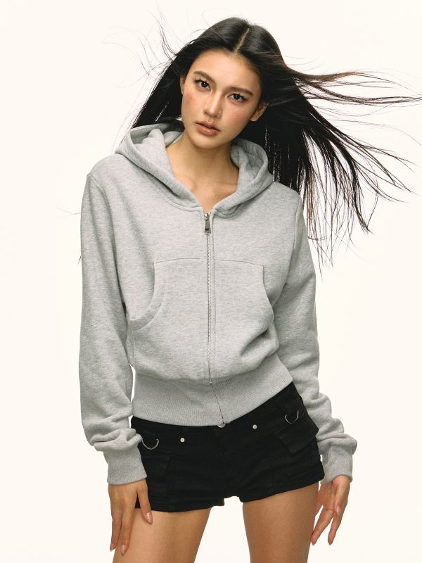 Gray Hooded Zip-Up Sweatshirt for Women - Waist-Cinched Short Sports Jacket, 2025 Spring Fashion, Versatile Casual Wear
