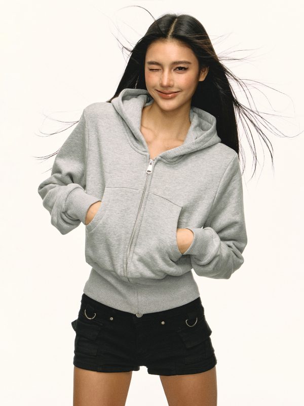 Gray Hooded Zip-Up Sweatshirt for Women - Waist-Cinched Short Sports Jacket, 2025 Spring Fashion, Versatile Casual Wear