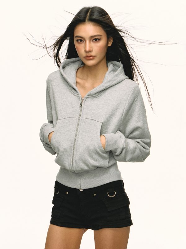 Gray Hooded Zip-Up Sweatshirt for Women - Waist-Cinched Short Sports Jacket, 2025 Spring Fashion, Versatile Casual Wear
