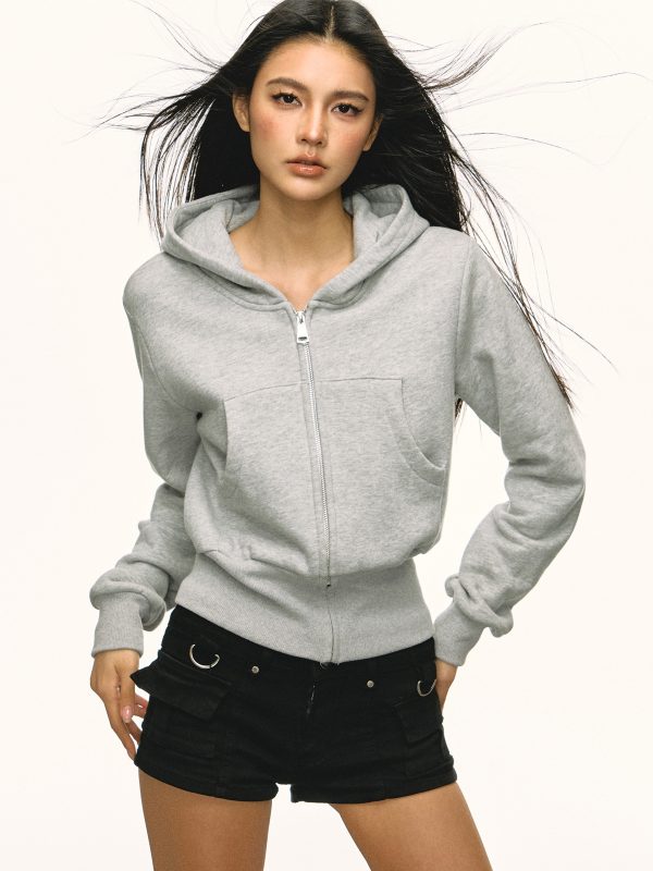Gray Hooded Zip-Up Sweatshirt for Women - Waist-Cinched Short Sports Jacket, 2025 Spring Fashion, Versatile Casual Wear