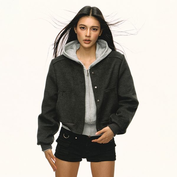 Gray Hooded Zip-Up Sweatshirt for Women - Waist-Cinched Short Sports Jacket, 2025 Spring Fashion, Versatile Casual Wear