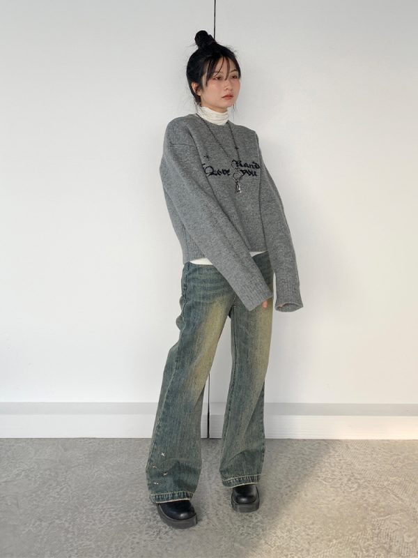 Gray Jacquard Round Neck Loose Casual Layered Knit Sweater for Women in Shibuya Style - Trendy 90s Inspired Fashion