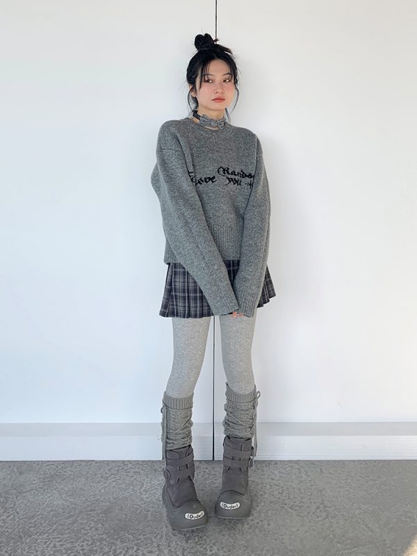Gray Jacquard Round Neck Loose Casual Layered Knit Sweater for Women in Shibuya Style - Trendy 90s Inspired Fashion