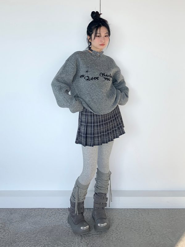 Gray Jacquard Round Neck Loose Casual Layered Knit Sweater for Women in Shibuya Style - Trendy 90s Inspired Fashion