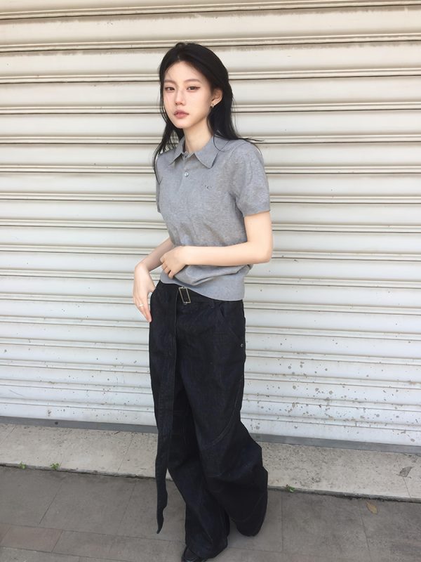 Gray Knitted Short-Sleeve Women's Polo T-Shirt - College Style Slim Fit Summer Top for Versatile Casual Looks