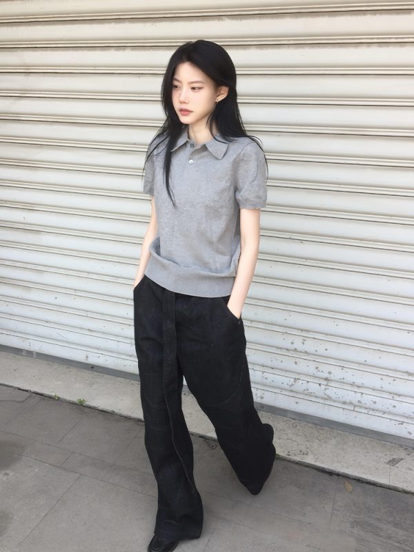 Gray Knitted Short-Sleeve Women's Polo T-Shirt - College Style Slim Fit Summer Top for Versatile Casual Looks