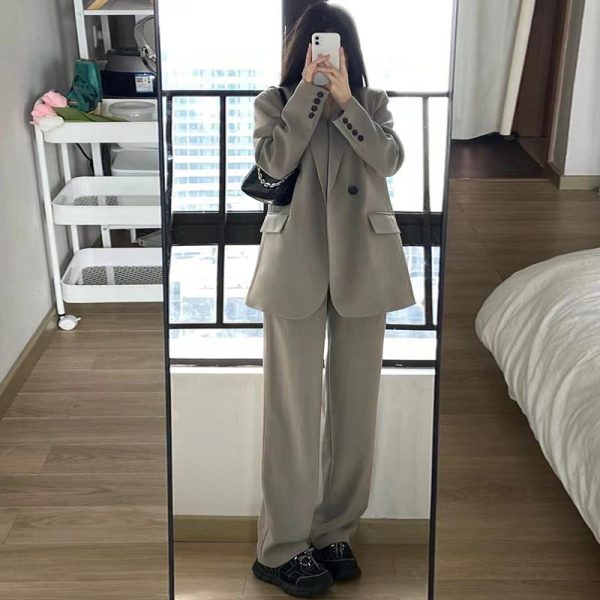 Gray Loose Fit Small Suit Jacket for Women, 2025 Spring Autumn Casual Two-Piece Set for Petite Sizes