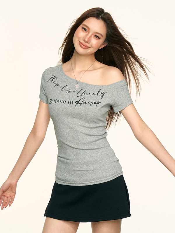Gray Off-Shoulder Short Sleeve T-Shirt for Women - Slim Fit American Style Top for Summer 2025, Trendy Casual Wear