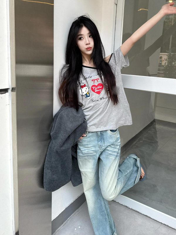 Gray Off-Shoulder Short Sleeve Women's Summer Color-Blocking Loose T-Shirt with Hello Kitty Print - Trendy Sexy Casual Top