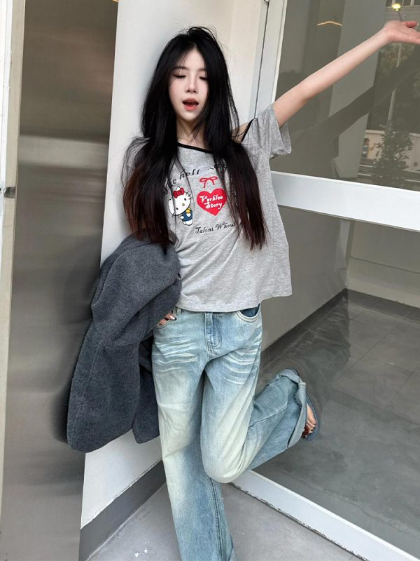 Gray Off-Shoulder Short Sleeve Women's Summer Color-Blocking Loose T-Shirt with Hello Kitty Print - Trendy Sexy Casual Top