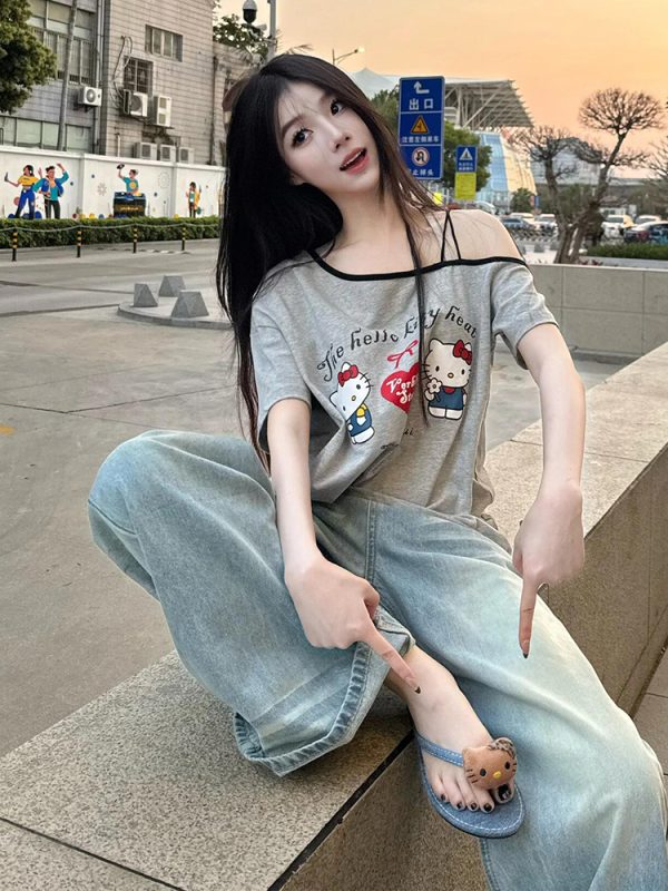 Gray Off-Shoulder Short Sleeve Women's Summer Color-Blocking Loose T-Shirt with Hello Kitty Print - Trendy Sexy Casual Top