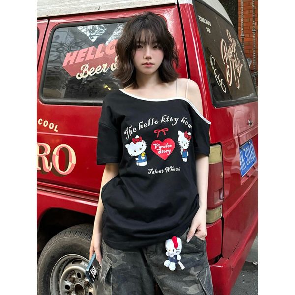 Gray Off-Shoulder Short Sleeve Women's Summer Color-Blocking Loose T-Shirt with Hello Kitty Print - Trendy Sexy Casual Top