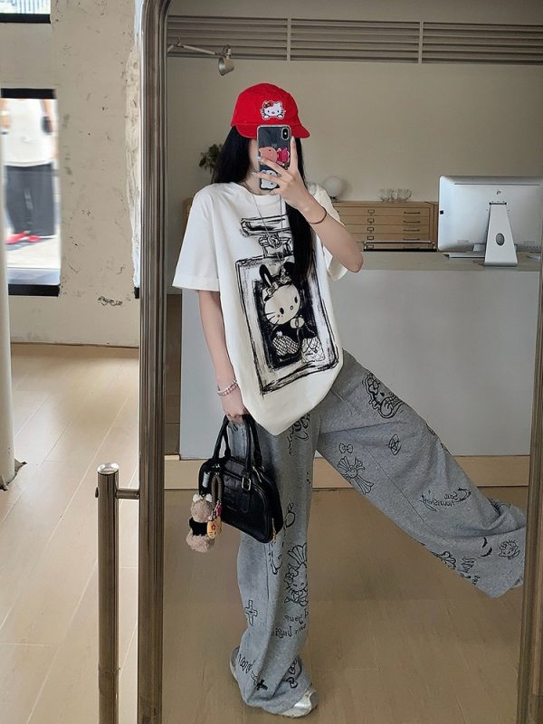 Gray Printed Wide-Leg Casual Pants for Women - Loose Slim Fit Summer Trousers, Trendy 90s Style