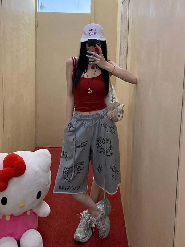 Gray Printed Wide-Leg Casual Pants for Women - Loose Slim Fit Summer Trousers, Trendy 90s Style