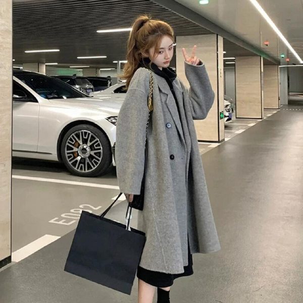 Gray Reversible Cashmere Coat for Women - High-End Woolen Jacket, Mid-Length, Korean Style, Autumn Winter 2024 Fashion