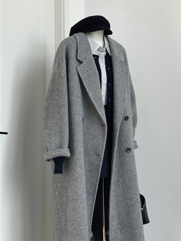 Gray Reversible Cashmere Coat for Women - High-End Woolen Jacket, Mid-Length, Korean Style, Autumn Winter 2024 Fashion
