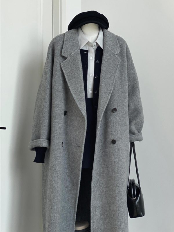 Gray Reversible Cashmere Coat for Women - High-End Woolen Jacket, Mid-Length, Korean Style, Autumn Winter 2024 Fashion