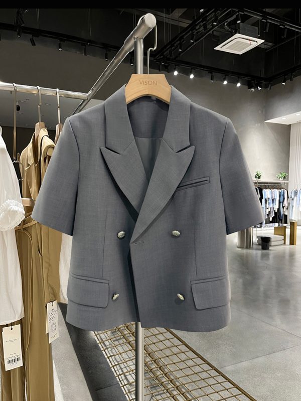 Gray Short Sleeve Suit Jacket for Women - Thin Summer Blazer, Trendy Korean Style 2025 Fashion, High-End Professional Look