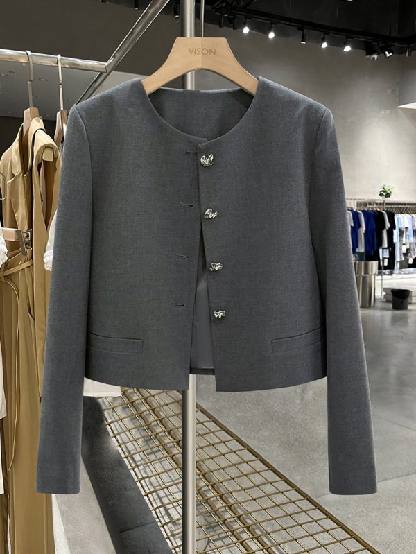 Gray Stylish Short Coat for Women - High-End Little Chanel Style, Versatile Elegant Outerwear for Spring and Autumn 2025