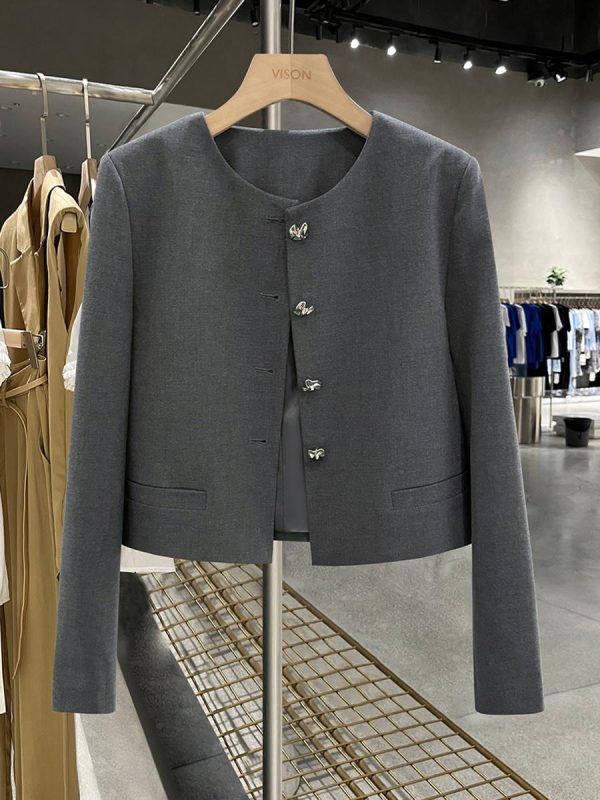 Gray Stylish Short Coat for Women - High-End Little Chanel Style, Versatile Elegant Outerwear for Spring and Autumn 2025