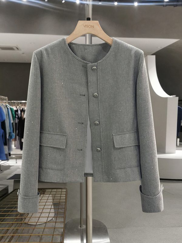 Gray Textured Wind Coat for Women - High-Quality Short Jacket for Spring & Autumn, Trendy Socialite Style