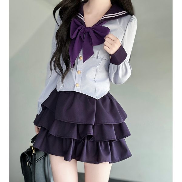 Gray Women's Summer JK Uniform Set with Puff Skirt and Cake Skirt - Trendy 2024 College Style