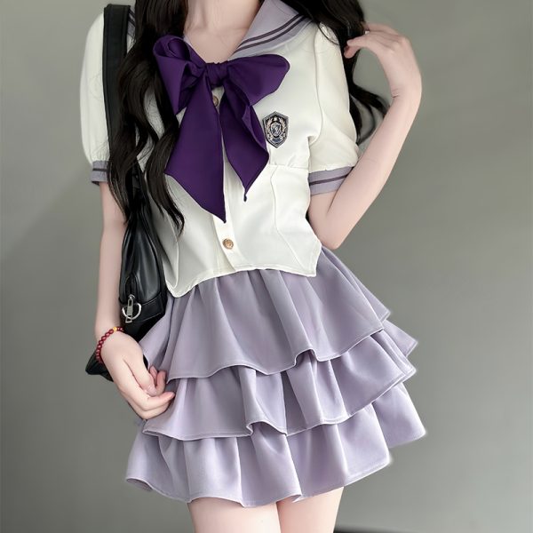 Gray Women's Summer JK Uniform Set with Puff Skirt and Cake Skirt - Trendy 2024 College Style