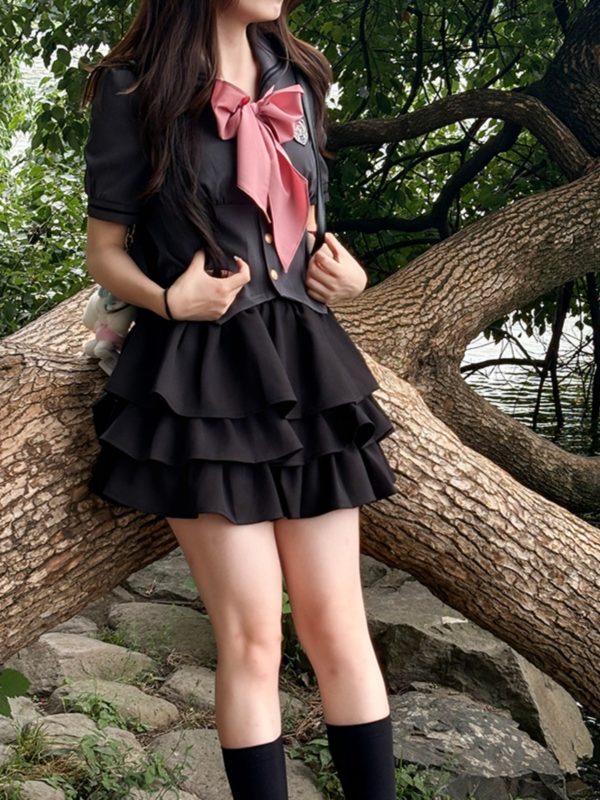 Gray Women's Summer JK Uniform Set with Puff Skirt and Cake Skirt - Trendy 2024 College Style