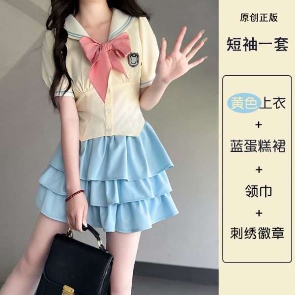 Gray Women's Summer JK Uniform Set with Puff Skirt and Cake Skirt - Trendy 2024 College Style