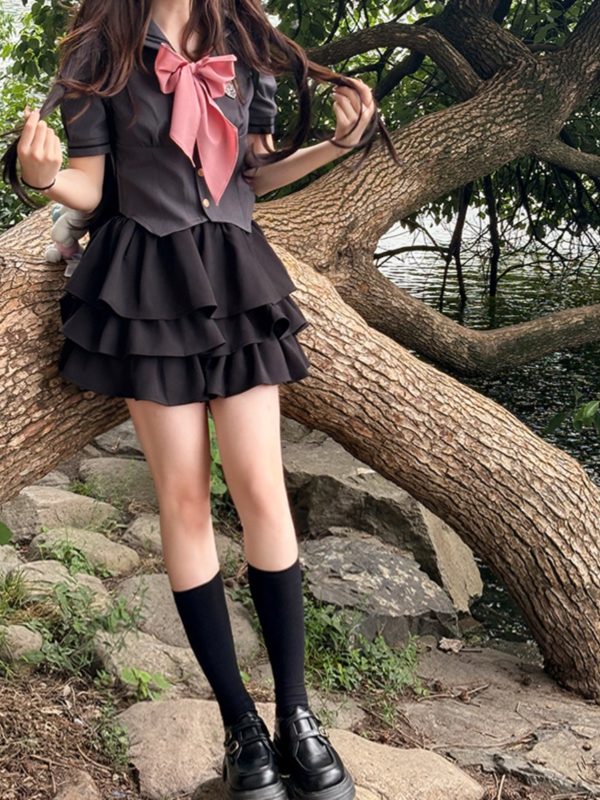 Gray Women's Summer JK Uniform Set with Puff Skirt and Cake Skirt - Trendy 2024 College Style