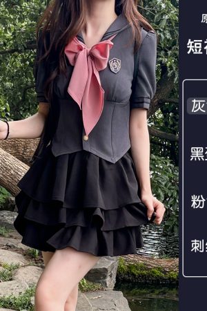 Gray Women's Summer JK Uniform Set with Puff Skirt and Cake Skirt - Trendy 2024 College Style