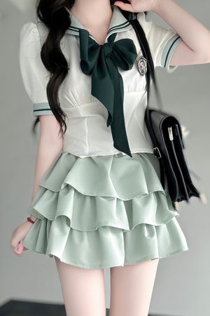 Gray Women's Summer JK Uniform Set with Puff Skirt and Cake Skirt - Trendy 2024 College Style