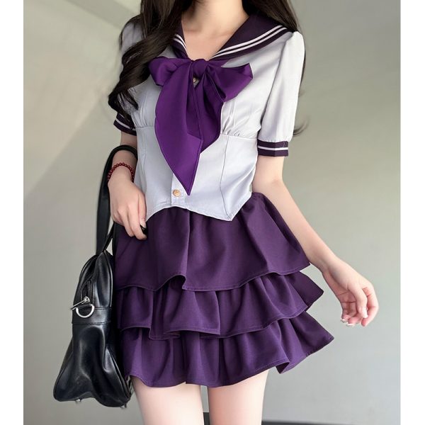 Gray Women's Summer JK Uniform Set with Puff Skirt and Cake Skirt - Trendy 2024 College Style