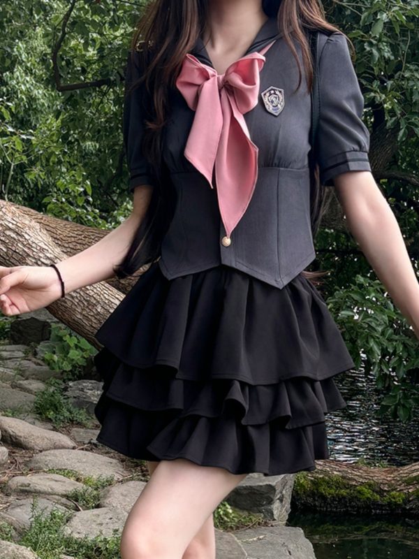Gray Women's Summer JK Uniform Set with Puff Skirt and Cake Skirt - Trendy 2024 College Style