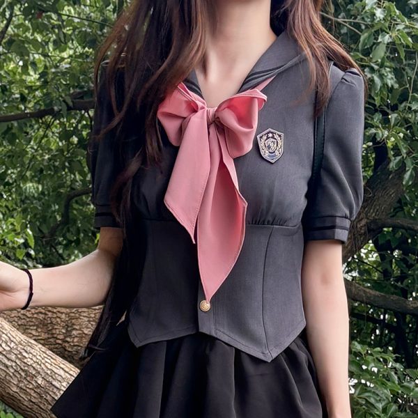 Gray Women's Summer JK Uniform Set with Puff Skirt and Cake Skirt - Trendy 2024 College Style