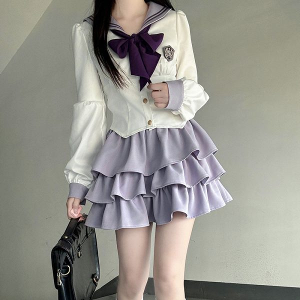 Gray Women's Summer JK Uniform Set with Puff Skirt and Cake Skirt - Trendy 2024 College Style