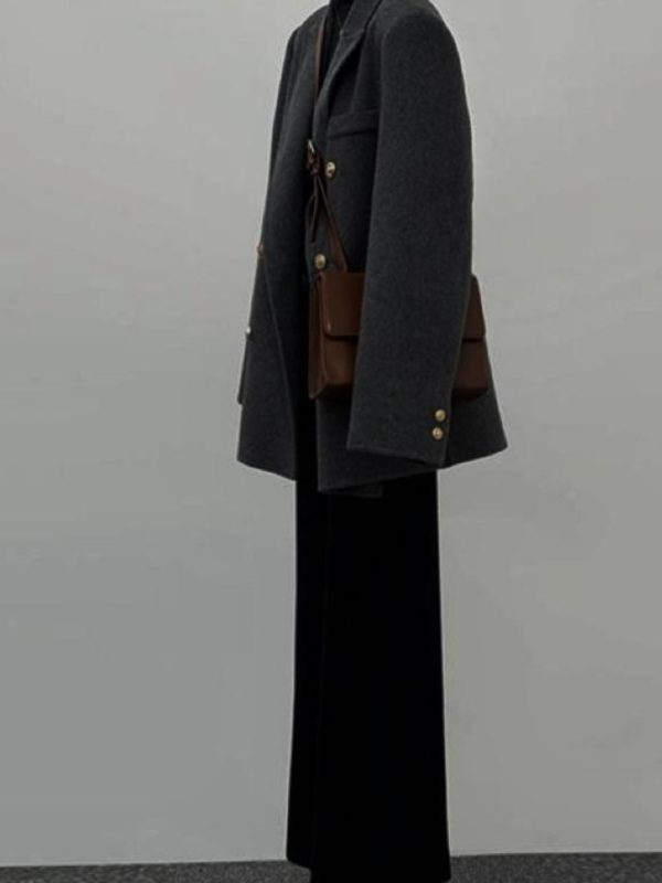 Gray Woolen Coat for Women - Short Korean Style Suit for Petite Figures, High-End Autumn Winter 2024 Fashion