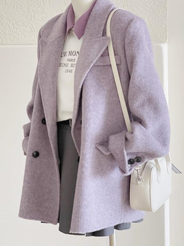 Gray Woolen Coat for Women - Short Korean Style Suit for Petite Figures, High-End Autumn Winter 2024 Fashion