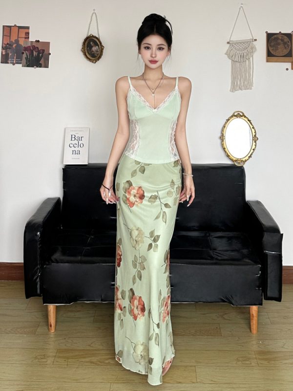 Green and Fresh Floral Mesh Midi Skirt - Women's Elegant Chinese Style Draped Design for a Chic Look