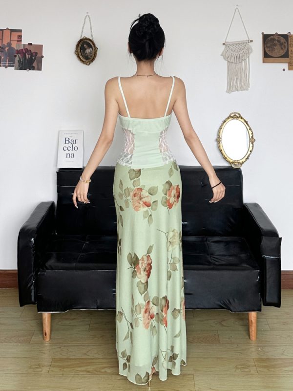 Green and Fresh Floral Mesh Midi Skirt - Women's Elegant Chinese Style Draped Design for a Chic Look