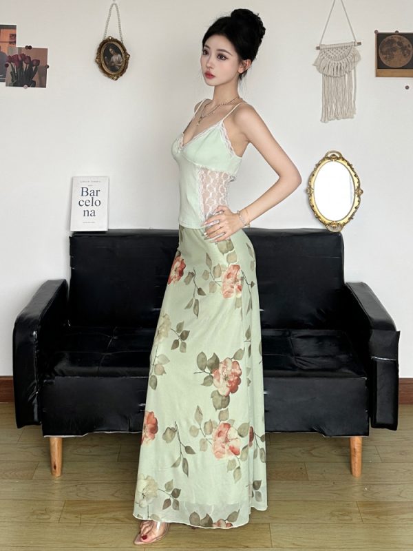 Green and Fresh Floral Mesh Midi Skirt - Women's Elegant Chinese Style Draped Design for a Chic Look