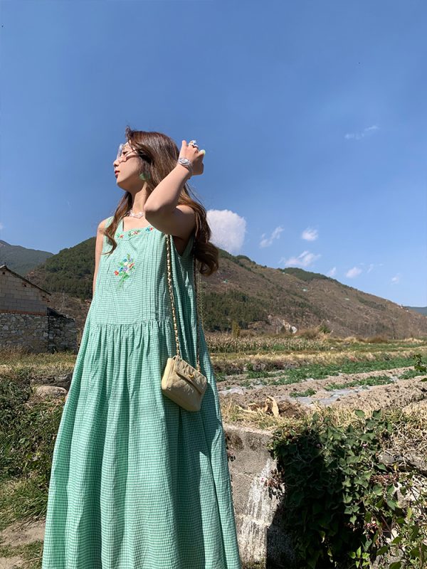Green Apple Berry Plaid Embroidered Vest Dress for Women - Summer Loose A-Line High Waist Flared Long Skirt, Vintage Style
