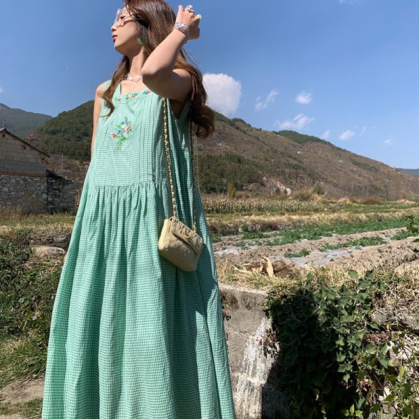 Green Apple Berry Plaid Embroidered Vest Dress for Women - Summer Loose A-Line High Waist Flared Long Skirt, Vintage Style