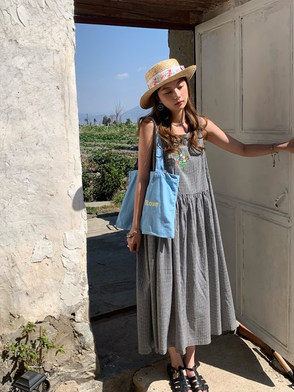 Green Apple Berry Plaid Embroidered Vest Dress for Women - Summer Loose A-Line High Waist Flared Long Skirt, Vintage Style