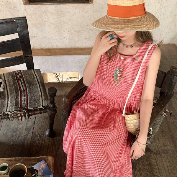 Green Apple Berry Plaid Embroidered Vest Dress for Women - Summer Loose A-Line High Waist Flared Long Skirt, Vintage Style