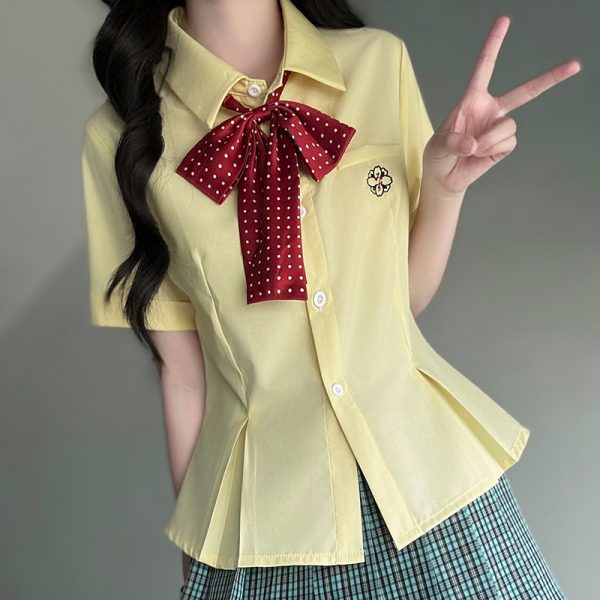 Green Folded Edge Short Sleeve Shirt for Women - Pudding Bear Original JK Uniform College Style, Summer Waist-Defined Design