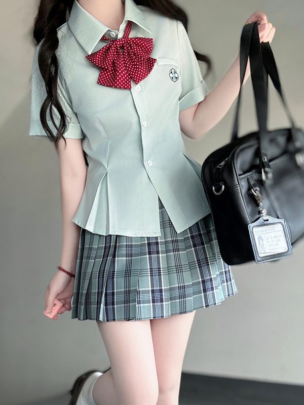 Green Folded Edge Short Sleeve Shirt for Women - Pudding Bear Original JK Uniform College Style, Summer Waist-Defined Design